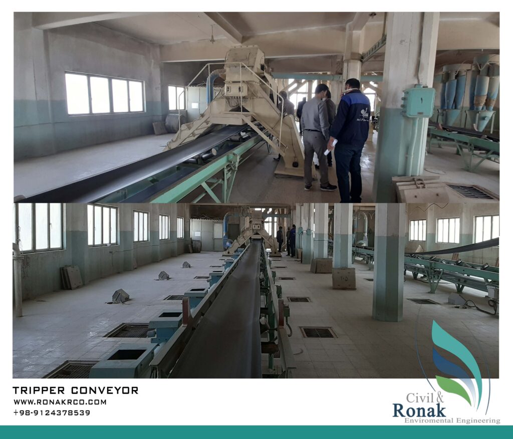 طراحی و ساخت تریپر برقی (Tripper Conveyor) توسط روناک صنعت رامونا جهت تخلیه و توزیع مواد فله در خطوط نوار نقاله.